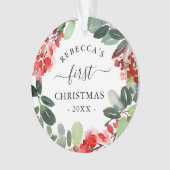 ウォーターカラーベリーグリーンリーリース初めてのクリスマス オーナメント (正面)