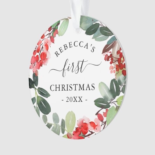 ウォーターカラーベリーグリーンリーリース初めてのクリスマス オーナメント (正面)