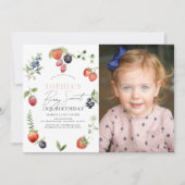 ウォーターカラーベリーファーストガール誕生日写真 招待状 (正面)