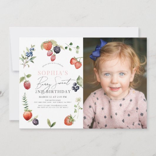 ウォーターカラーベリーファーストガール誕生日写真 招待状
