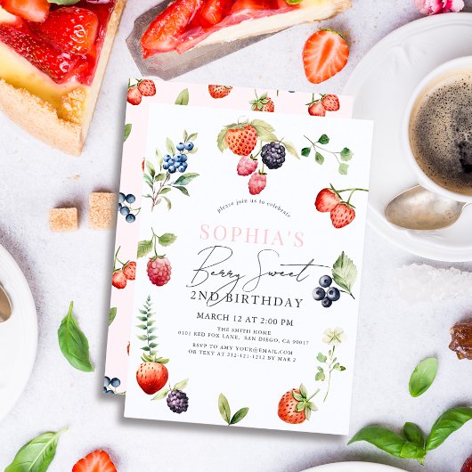 ウォーターカラーベリーベリーファーストガール誕生日 招待状