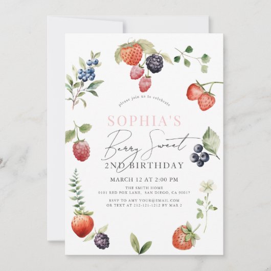 ウォーターカラーベリーベリーファーストガール誕生日 招待状 (正面)
