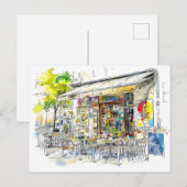 ウォーターカラーベルリンプレンツラウアーベルグ通りカフェ ポストカード (正面/裏面)