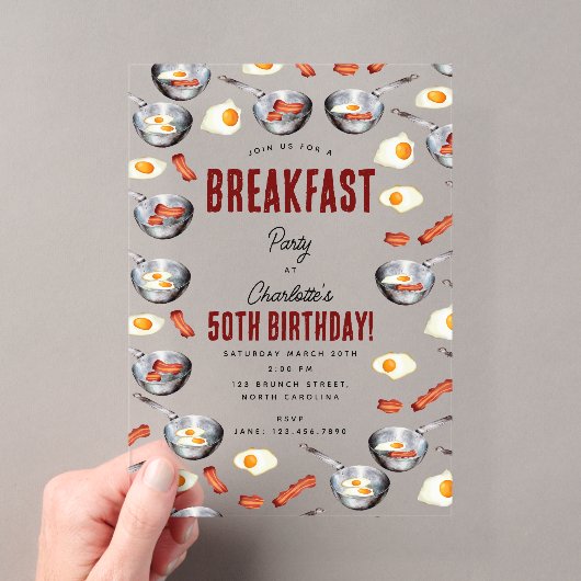 ウォーターカラーベーコンと卵の朝食ブランチ誕生日 アクリル招待状 (インサイチュ (ポータブル))