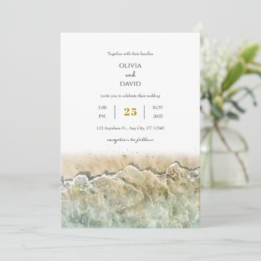 ウォーターカラーベージュサマーシーショアビーチ結婚式 招待状 (スタンド正面)