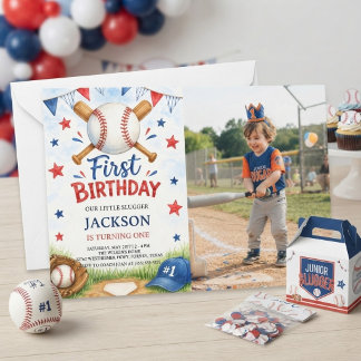 ウォーターカラーベースボール1歳の誕生日写真招待状 招待状