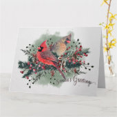 ウォーターカラーペアオブ深紅色ズクリスマスデザイン カード (黄色い花)