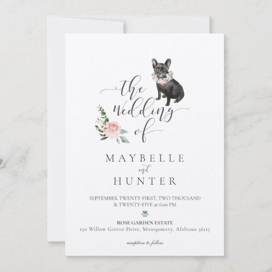 ウォーターカラーペットブラックブルフランスのドッグフローラバラ 招待状 (正面)