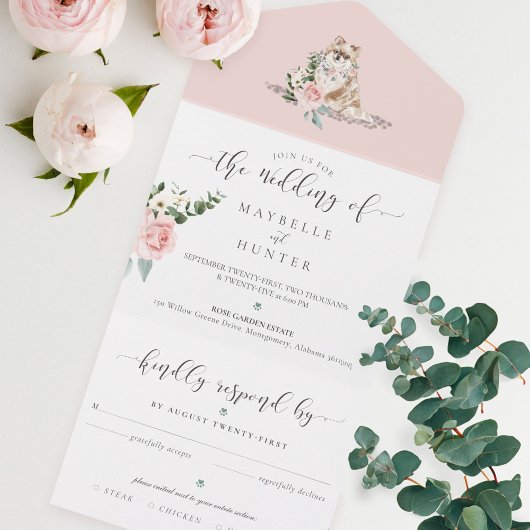 ウォーターカラーペットポメラニア犬ドッグ&フローラピンクローズ オールインワン招待状