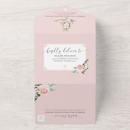 ウォーターカラーペットポメラニア犬ドッグ&フローラピンクローズ オールインワン招待状 (外側)