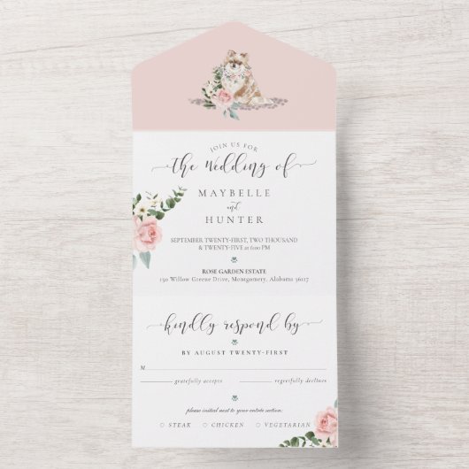 ウォーターカラーペットポメラニア犬ドッグ&フローラピンクローズ オールインワン招待状 (内側)