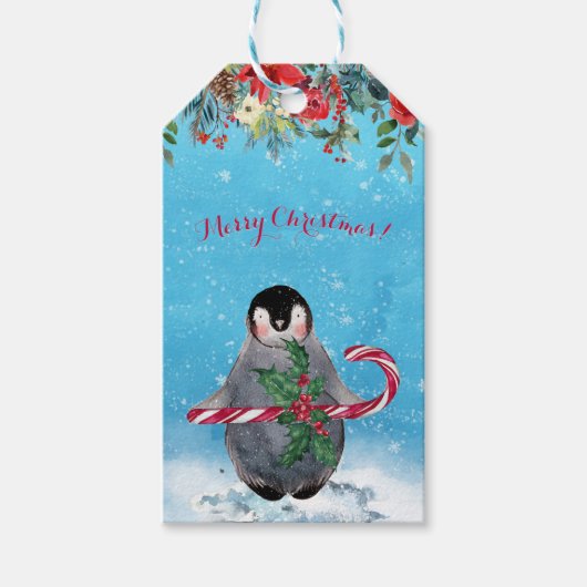 ウォーターカラーペンギンのメリークリスマス ギフトタグ (正面)