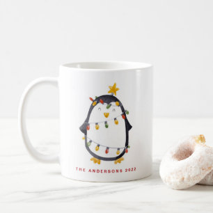 ウォーターカラーペンギンアンドクリスマスライトホリデー コーヒーマグカップ