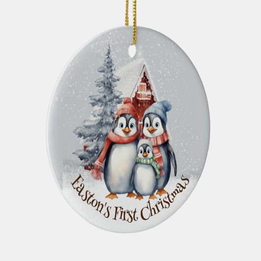 ウォーターカラーペンギンズファミリーベビー初めてのクリスマス セラミックオーナメント (右)