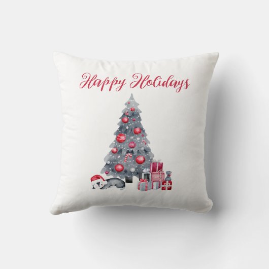 ウォーターカラーペンギンブラックレッドハッピーホリデイズ クッション (裏面)