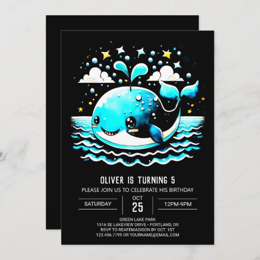 ウォーターカラーホエールザシーズン誕生日 招待状 (正面/裏面)