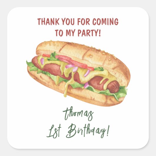 ウォーターカラーホットドッグ子供の誕生日ありがとう スクエアシール (正面)
