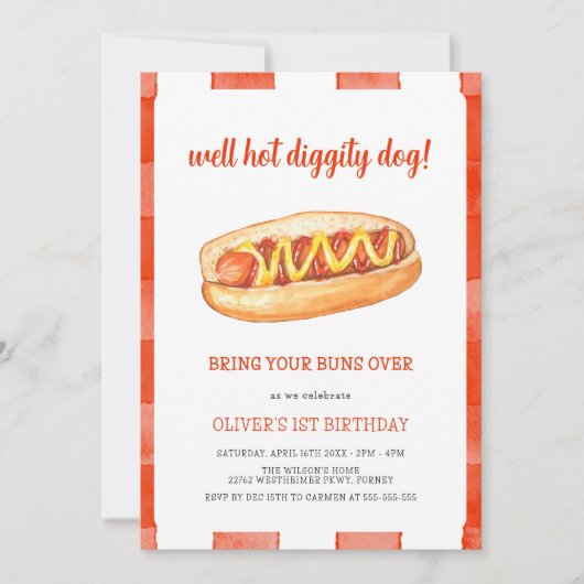 ウォーターカラーホットドッグ子供の誕生日パーティー 招待状 (正面)