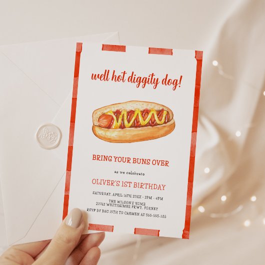 ウォーターカラーホットドッグ子供の誕生日パーティー 招待状