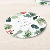 ウォーターカラーホリデイグリーンリーアッドユアカスタム文字  ラウンドペーパーコースター (アングル)