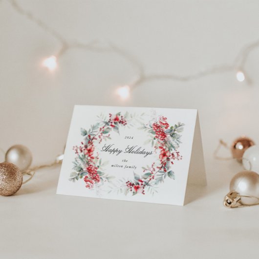 ウォーターカラーホリデーベリーリースフォードホリデイ カード