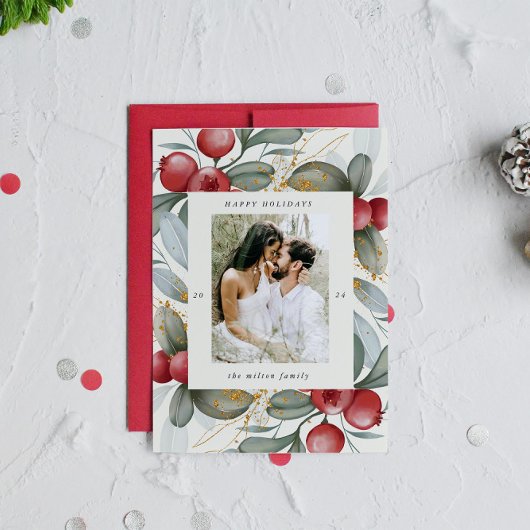 ウォーターカラーホリデーベリーワンフォトホリデーカード シーズンカード