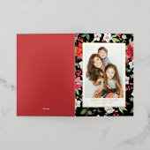 ウォーターカラーホリデー花模様ブラックハッピーホリデー 箔シーズンカード (外側レイダウン)