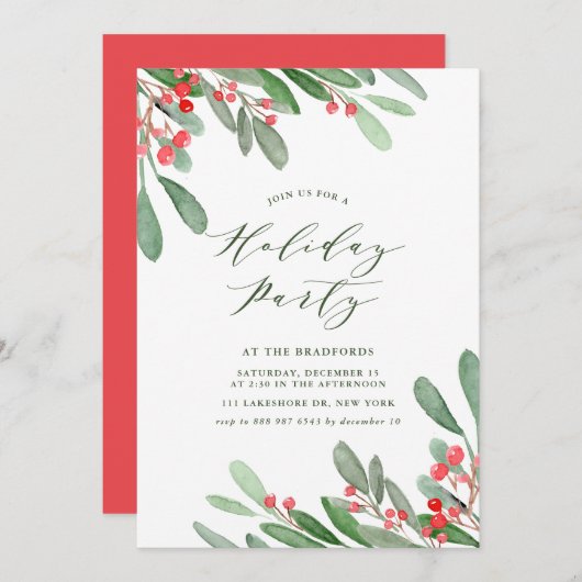 ウォーターカラーホリーアンドグリーナリーホリデーパーティー 招待状 (正面/裏面)