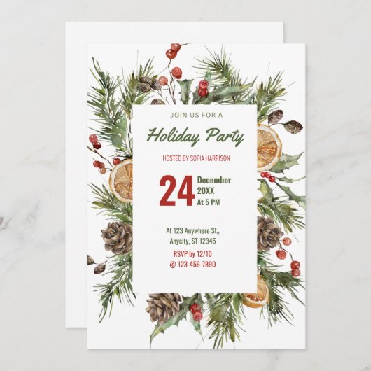 ウォーターカラーホリーアンドパインホリデーパーティー 招待状 (正面/裏面)