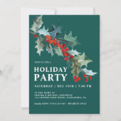 ウォーターカラーホリーアンドベリーティール(緑がかった色)ホリデーパーティー 招待状 (正面)
