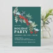 ウォーターカラーホリーアンドベリーティール(緑がかった色)ホリデーパーティー 招待状 (スタンド正面)