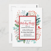 ウォーターカラーホリーオリーブホリデーパーティー招待状 ポストカード (正面/裏面)