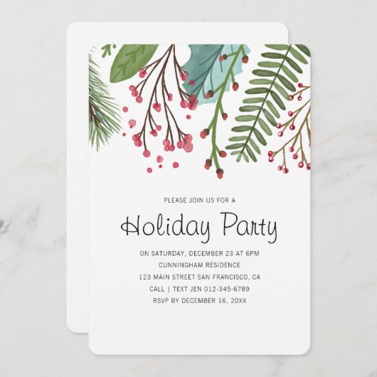 ウォーターカラーホリーオリーブホリデーパーティー招待状 招待状 (正面/裏面)