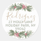 ウォーターカラーホリークリスマス差出人住所ラベル ラウンドシール (正面)