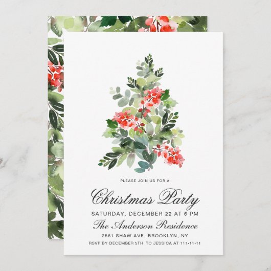 ウォーターカラーホリーツリークリスマスホリデーパーティー 招待状 (正面/裏面)