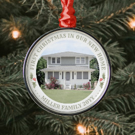 ウォーターカラーホリーニューホームファーストクリスマスハウスフォト メタルオーナメント