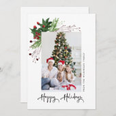 ウォーターカラーホリーフォトファミリーハッピーホリデー シーズンカード (正面/裏面)