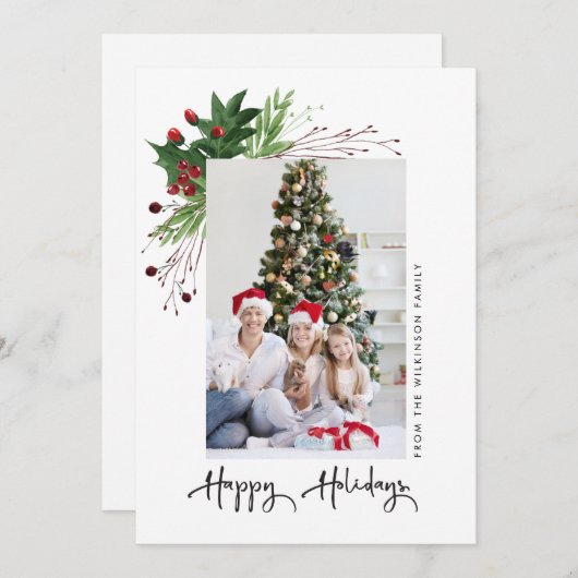 ウォーターカラーホリーフォトファミリーハッピーホリデー シーズンカード (正面/裏面)