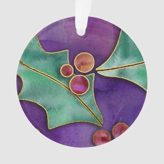 ウォーターカラーホリーベリーパープルグリーンレッドホリデー オーナメント (正面)