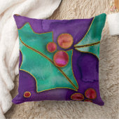 ウォーターカラーホリーベリーパープルグリーンレッドホリデー クッション (ブランケット)