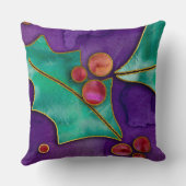 ウォーターカラーホリーベリーパープルグリーンレッドホリデー クッション (裏面)