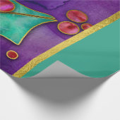 ウォーターカラーホリーベリーパープルグリーンレッドホリデー ラッピングペーパー (角)