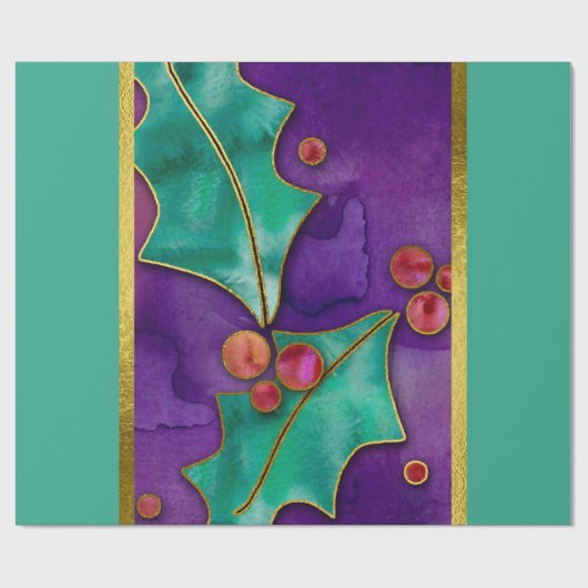 ウォーターカラーホリーベリーパープルグリーンレッドホリデー ラッピングペーパー (フラット)