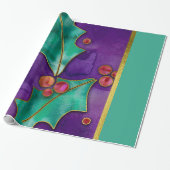 ウォーターカラーホリーベリーパープルグリーンレッドホリデー ラッピングペーパー (アンロールド)