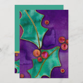 ウォーターカラーホリーベリーパープルグリーンレッドホリデー 招待状 (正面/裏面)