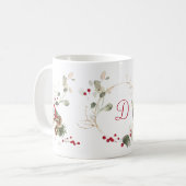 ウォーターカラーホリーベリーユーカリグリッターイニシャル コーヒーマグカップ (正面左)