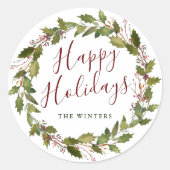 ウォーターカラーホリーベリーリースハッピーホリデイズ ラウンドシール (正面)
