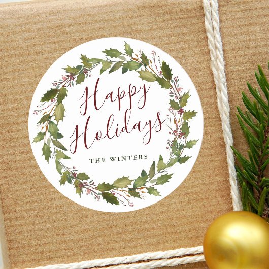 ウォーターカラーホリーベリーリースハッピーホリデイズ ラウンドシール