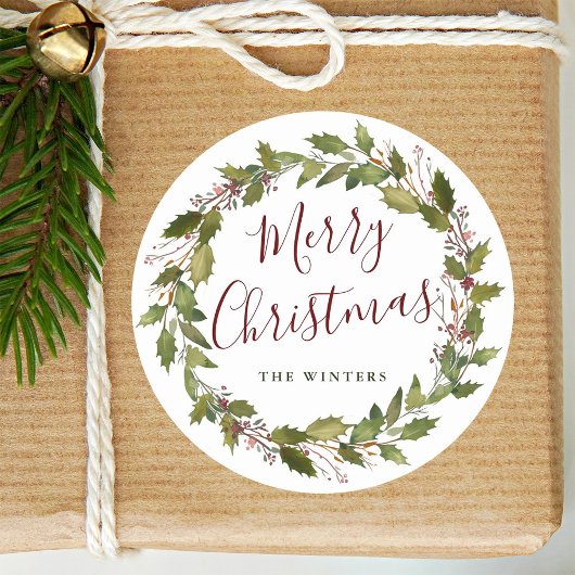 ウォーターカラーホリーベリーリースメリークリスマス ラウンドシール