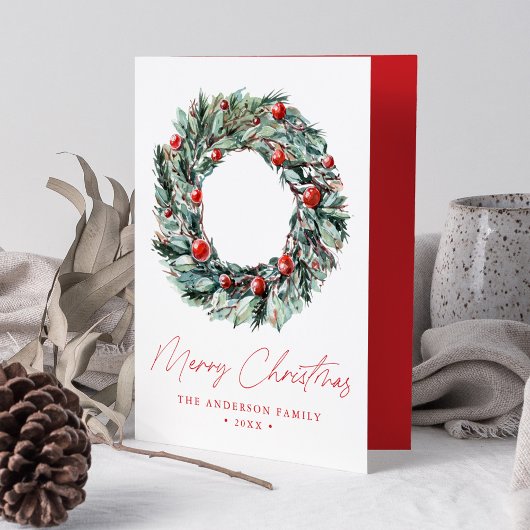 ウォーターカラーホリーベリー&グリーンリースノンフォト シーズンカード